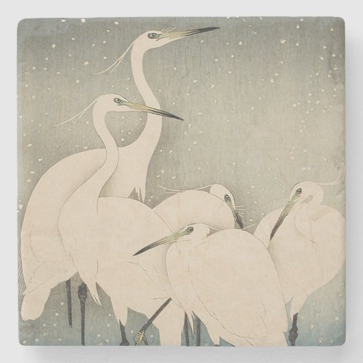 Chinoiserie Weißer Reiher Winter-Schnee-Muster Steinuntersetzer (Vorderseite)