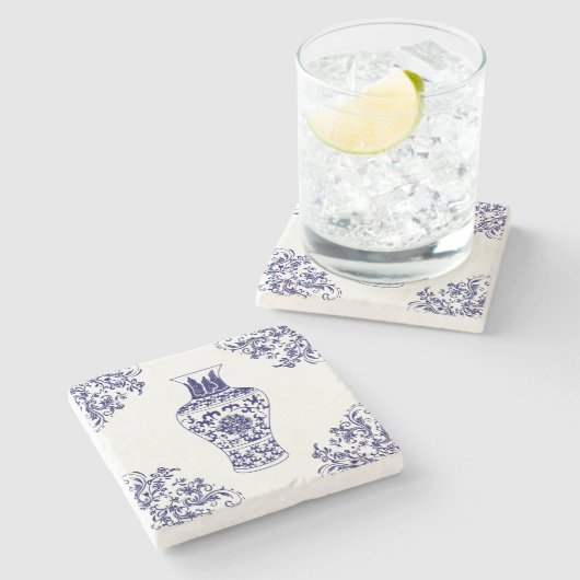 Chinoiserie White und Blue Ginger Jar Steinuntersetzer (Seitenansicht)