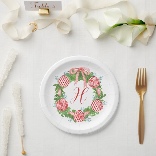 Chinoiserie Wreath Christmas Monogram Pappteller (Hochzeit)