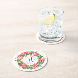Chinoiserie Wreath Christmas Monogram Runder Pappuntersetzer
