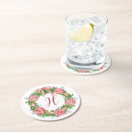 Chinoiserie Wreath Christmas Monogram Runder Pappuntersetzer (Vor Ort)