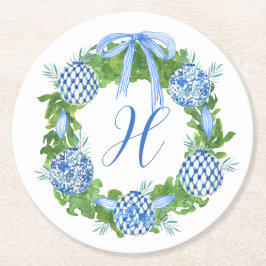 Chinoiserie Wreath Christmas Monogram Runder Pappuntersetzer