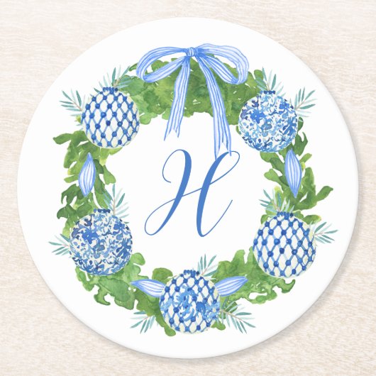Chinoiserie Wreath Christmas Monogram Runder Pappuntersetzer (Vorderseite)