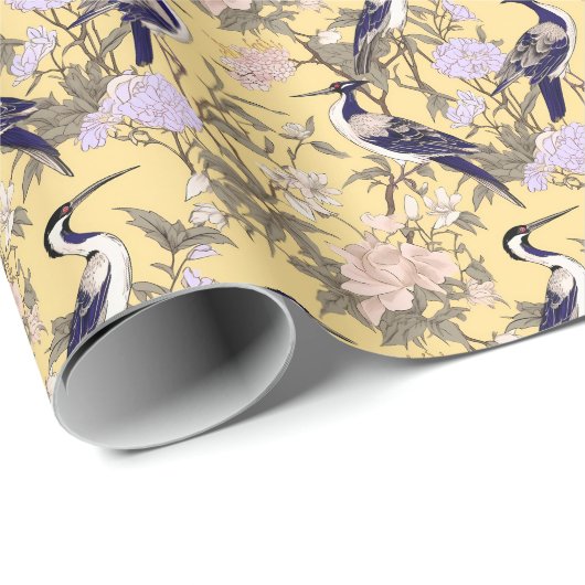 Chinoiserie Yellow Floral Egret Geschenkpapier (Rolleneckpunkt)