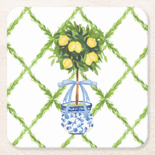 Chinoiserie-Zitronen-Topiarie mit blauem Band Rechteckiger Pappuntersetzer