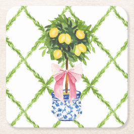 Chinoiserie-Zitronen-Topiary mit rosa Schleife Rechteckiger Pappuntersetzer