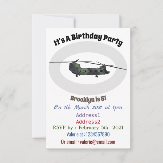 Chinook Heerhubschrauber Cartoon Illustration Einladung (Vorderseite)