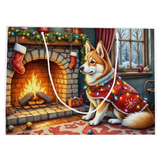 Chinook Sitting by Fireplace with Christmas Lights Große Geschenktüte (Rückseite)