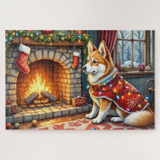 Chinook Sitting by Fireplace with Christmas Lights Puzzle (Horizontal)