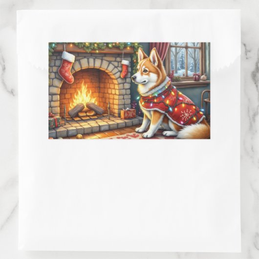 Chinook Sitting by Fireplace with Christmas Lights Rechteckiger Aufkleber (Tasche)