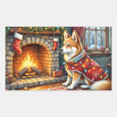 Chinook Sitting by Fireplace with Christmas Lights Rechteckiger Aufkleber (Vorderseite)
