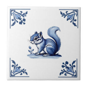 Chipmunk Delft Blue White Corners Woodland Tiere Fliese