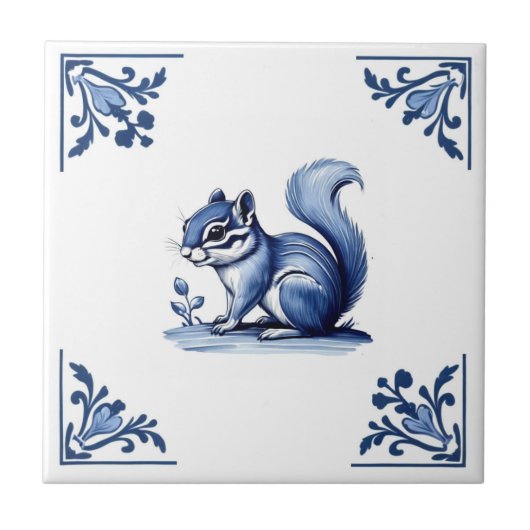 Chipmunk Delft Blue White Corners Woodland Tiere Fliese (Vorderseite)