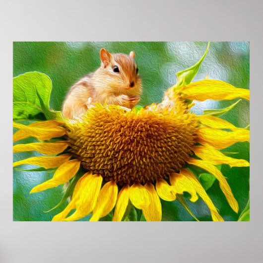 Chipmunk Gelbe Sonnenblumen Foto Malerei Poster (Vorne)