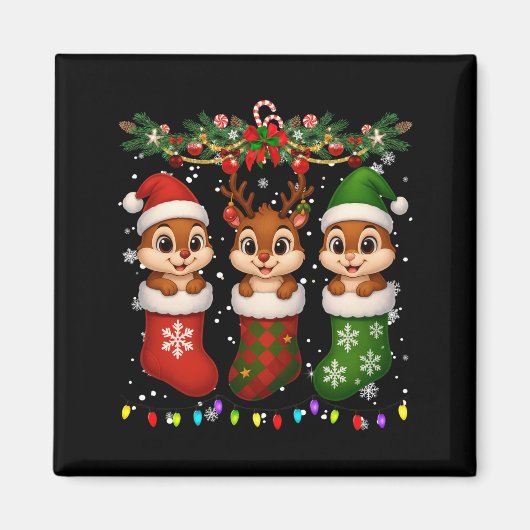Chipmunk In Christmas Socks Lights Chipmunk Xmas L Magnet (Vorne)