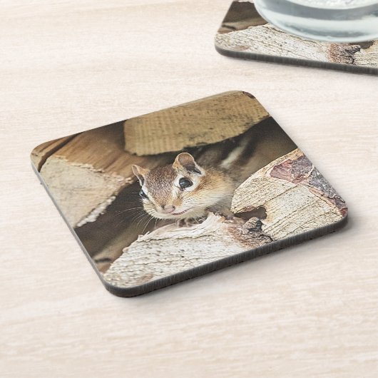 Chipmunk in einem Holzstapel Untersetzer (Linke Seite)