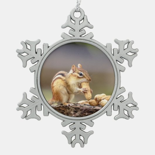 Chipmunk isst Erdnuss Schneeflocken Zinn-Ornament (Vorderseite)