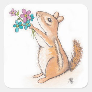Chipmunk mit Blume Bouquet Quadratischer Aufkleber