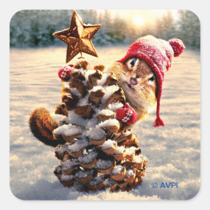Chipmunk mit Kiefernkronenbaum Quadratischer Aufkleber