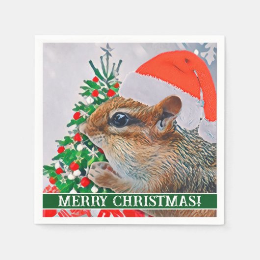 Chipmunk mit Weihnachtshut vor Baum Serviette (Vorderseite)