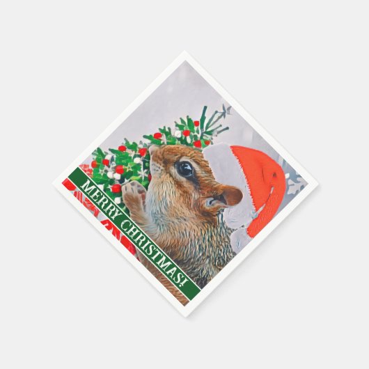 Chipmunk mit Weihnachtshut vor Baum Serviette (Ecke)