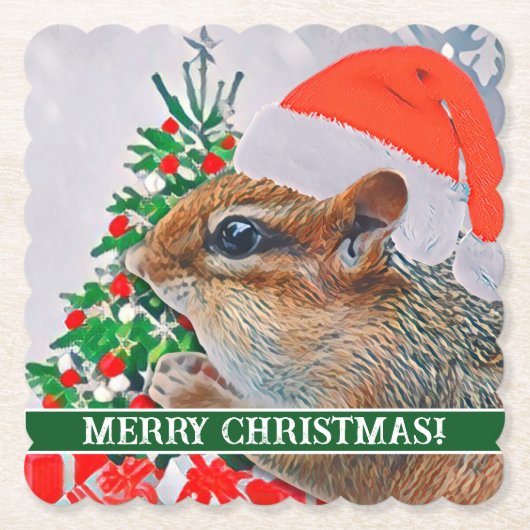 Chipmunk mit Weihnachtshut vor Baum Untersetzer (Vorderseite)