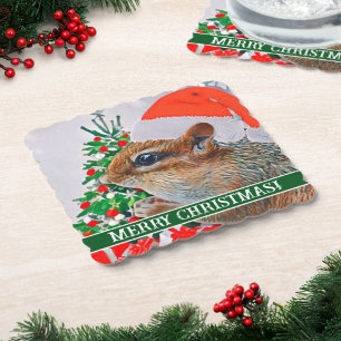 Chipmunk mit Weihnachtshut vor Baum Untersetzer