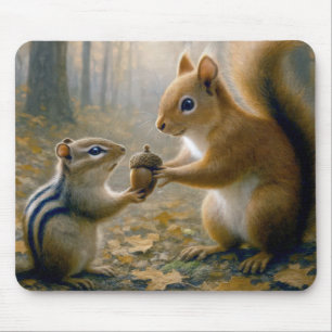 Chipmunk und Eichhörnchen, die einen Acorn teilen Mousepad