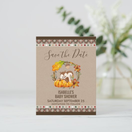Chipmunk und Pumpkins Fall RusticSTD Ankündigungspostkarte (Stehend Vorderseite)