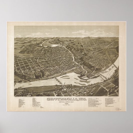 Chippewa Falls WI 1886 Antike Panoramakarte Poster (Vorne)