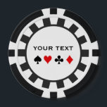 Chips für personalisierte Poker<br><div class="desc">Personalisierte Poker-Chips mit schwarzen Streifen am Rand. Bild von Anzügen,  inklusive Pik,  Herz,  Klub und Diamant. Auch erhältlich mit roten Streifen und roter Kante.</div>