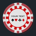 Chips für personalisierte Poker<br><div class="desc">Personalisierte Poker-Chips mit roten Streifen am Rand. Bild von Anzügen,  inklusive Pik,  Herz,  Klub und Diamant. Auch erhältlich mit schwarzen Streifen und schwarzer Kante.</div>