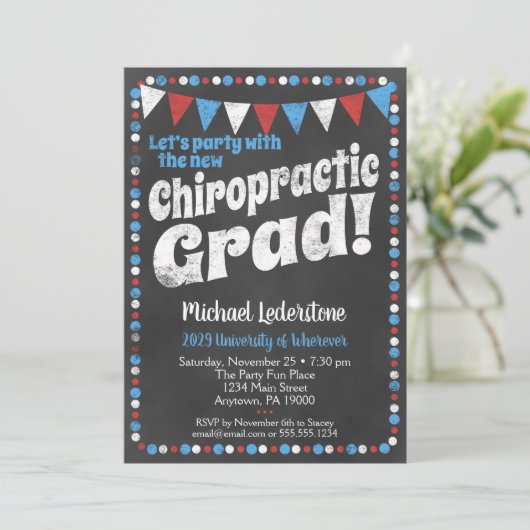 Chiropractic Graduation Party Einladung Red Blue (Stehend Vorderseite)