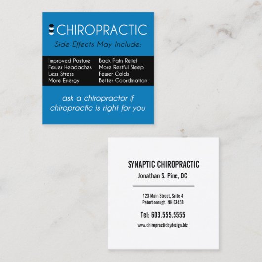 Chiropraktik-Nebenwirkungen können Chiropraktor Quadratische Visitenkarte (Vorne/Hinten)