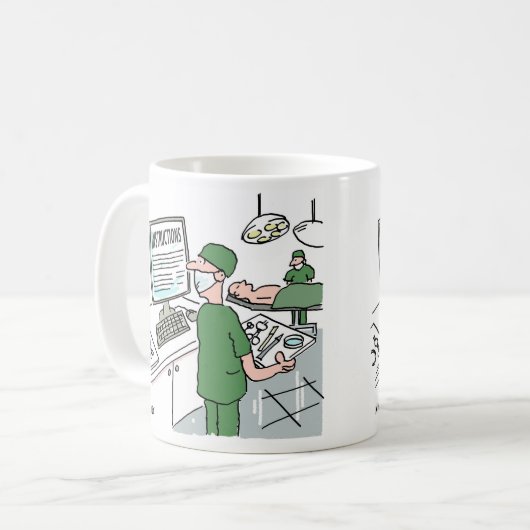 Chirurg sieht Anweisungen vor der Operation an Kaffeetasse (Vorderseite Links)