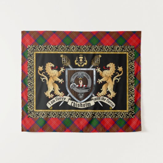 Chisholm Clan Abzeichen & Motto mit Löwen Wandteppich (Vorderseite (Horizontal))