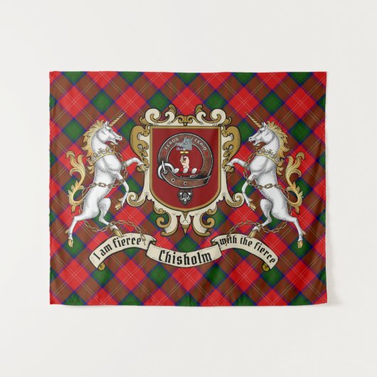 Chisholm Clan Abzeichen & Unicorns mit Tartan Wandteppich (Vorderseite (Horizontal))