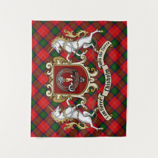 Chisholm Clan Abzeichen & Unicorns mit Tartan Wandteppich (Vorderseite)