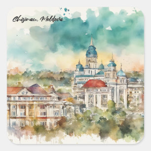 Chisinau Moldawien Aquarellmalerei Stadtansicht Quadratischer Aufkleber