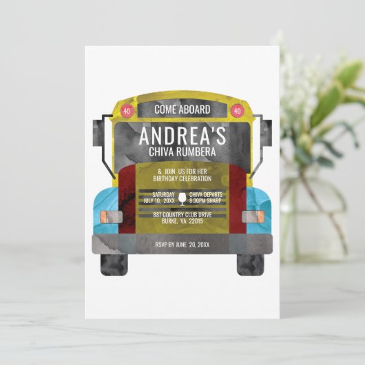 Chiva Rumbera Pachangera Party Bus Einladung (Stehend Vorderseite)