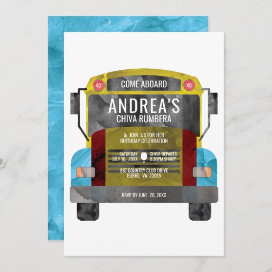 Chiva Rumbera Pachangera Party Bus Einladung (Vorne/Hinten)