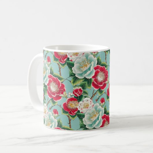 Chiyogami Rot und Weiße Kamelien Blooms Kaffeetasse (Vorderseite Links)
