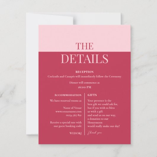 CHLOE Modern Bold Pink Wedding Details Card (Vorderseite)
