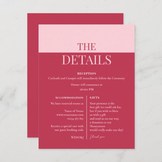 CHLOE Modern Bold Pink Wedding Details Card (Vorne/Hinten)