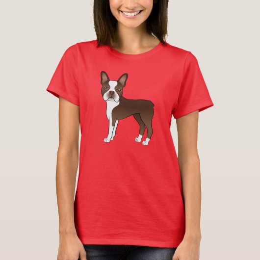 Chocolate Boston Terrier Cartoon Dog Illustration T-Shirt (Vorderseite)