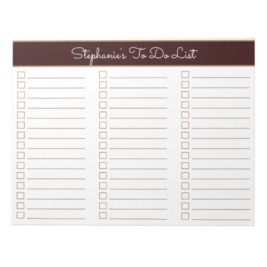 Chocolate Brown 8.5x11 Three Column Checklist Notizblock (Vorderseite)
