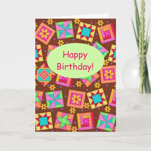 Chocolate Brown Patchwork Quilt Art Happy Birthday Karte (Vorderseite)