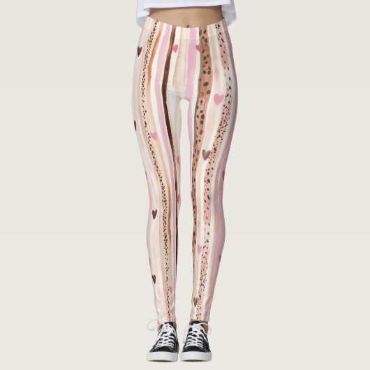 Chocolate Brown Pink Stripes Hearts Leggings (Vorderseite)