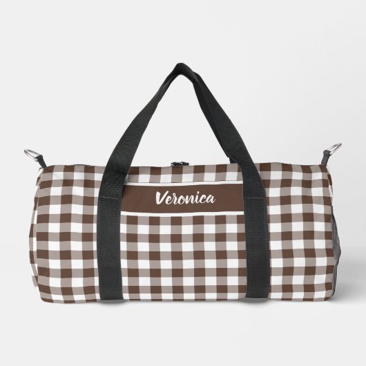 Chocolate Brown Plaid Gingham Personalized Duffle Bag (Vorderseite)