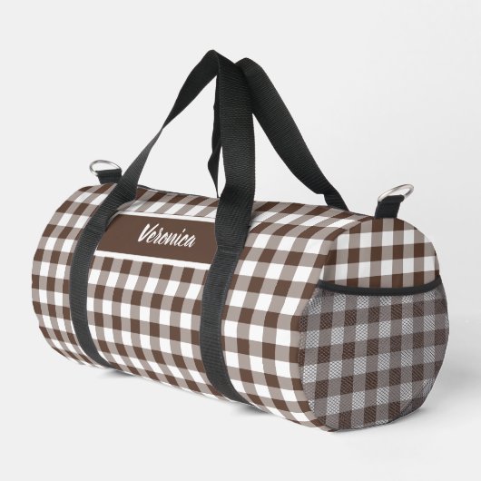 Chocolate Brown Plaid Gingham Personalized Duffle Bag (Rechte Ecke)